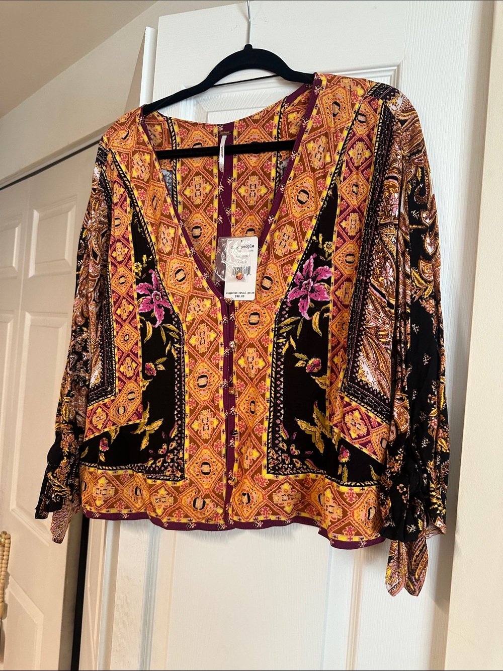 Free People Black and Mustard Boho V-Neck Printed Blouse